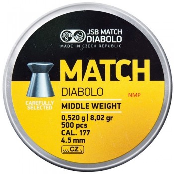 JSB Diabolo Match Flat Head Middle Weight 4.48mm .177 calibre 8.02gr tin of 500 Yellow JSB Diabolo Match Flat Head Middle Weight 4.48mm .177 calibre 8.02gr tin of 500 Yellow